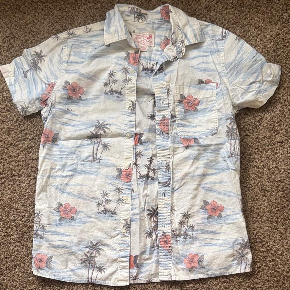American Eagle Light Blue Floral Button-Up Shirt with Pink Logo Detail